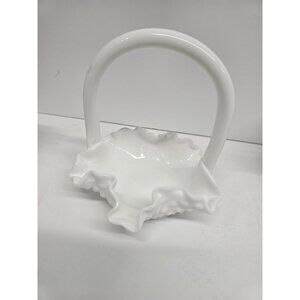 Vintage Fenton Milk Glass Hobnail Ruffled Basket Crimped Handle Stamped